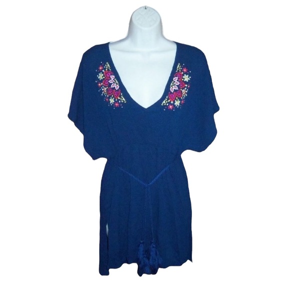 Time and Tru Blue Floral Embroidery Tassels Boho Tunic Top - Small - Picture 2 of 7